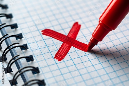 Red marker drawing an x on a notebook for disapproval