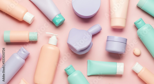 Cosmetic products of various types displayed on a pink background, showcasing a vibrant and colorful arrangement.