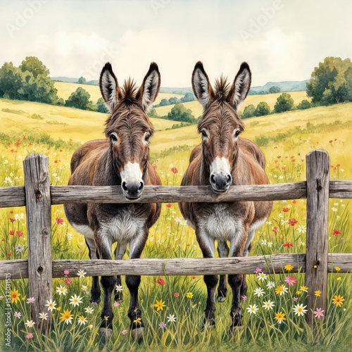 Two donkeys stand behind a rustic wooden fence, surrounded by a vibrant meadow full of wildflowers