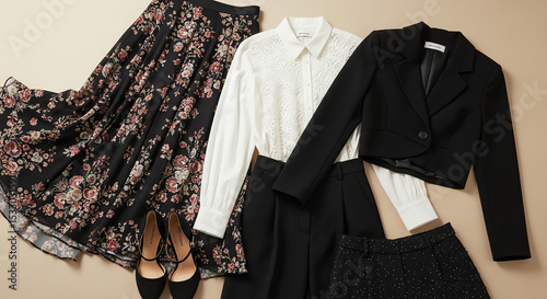 A woman's outfit featuring a black blazer, black skirt, and black shoes, styled for a professional appearance.