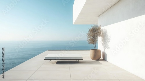 Minimalist Outdoor Living Space with Ocean View and Modern Design Elements in Soft Natural Light