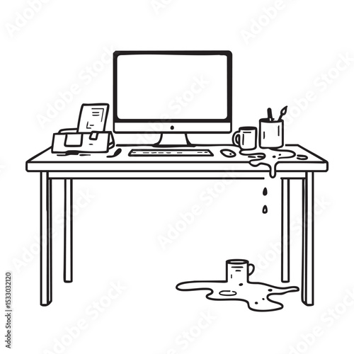 Messy workspace with spilled coffee and cluttered desk items vector illustration