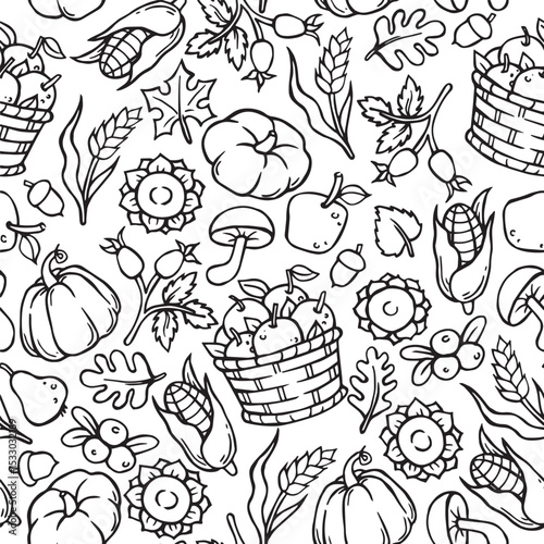 seamless pattern, coloring book of cozy autumn, harvest festival. doodle print