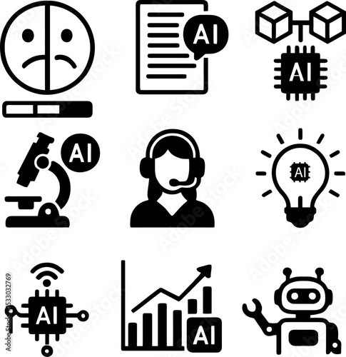 AI icons set illustrating sentiment analysis, blockchain technology, scientific AI, virtual assistance, robotics, and predictive analytics.