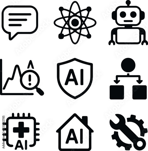 AI icon collection featuring scientific research, robotic automation, healthcare AI, smart home integration, and system maintenance.