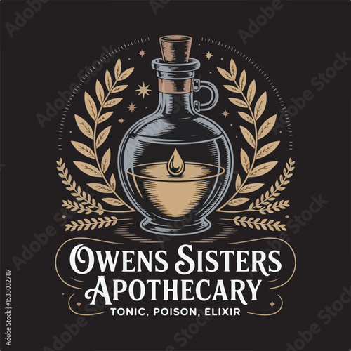 Owens Sisters Apothecary Black and White Bottle Illustration
