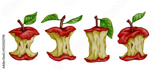 Colorful slices of juicy red apple tree, cores of fruits with leaves.Vector graphics.