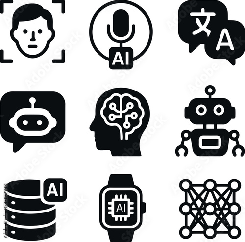 Set of AI icons featuring facial recognition, language translation, conversational chatbots, neural networks, big data management, and wearable tech.