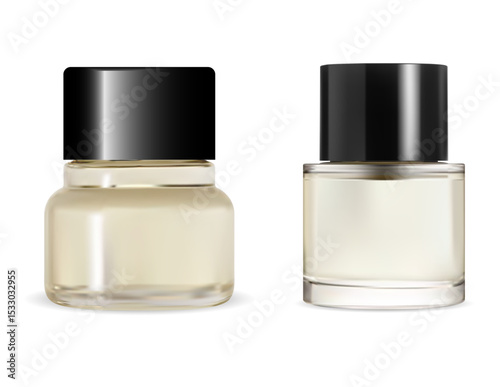 Transparent nail polish base bottle mockup set. Lacquer glass packaging illustration, fingernail cosmetic design. Shellac primer cylinder container template, trendy woman concept