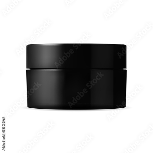 Black cream jar vector blank. Glossy plastic beauty cosmetic packaging mock up. Face skin care gel or powder round container, moisturizer creme or butter. Glossy glass jar mockup