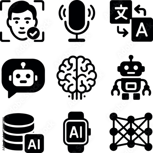 Simple AI icons featuring facial recognition, language translation, chatbot interaction, big data management, neural network analysis.
