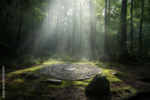 Sunlight shines through trees onto a clearing with a stone circle in forest.