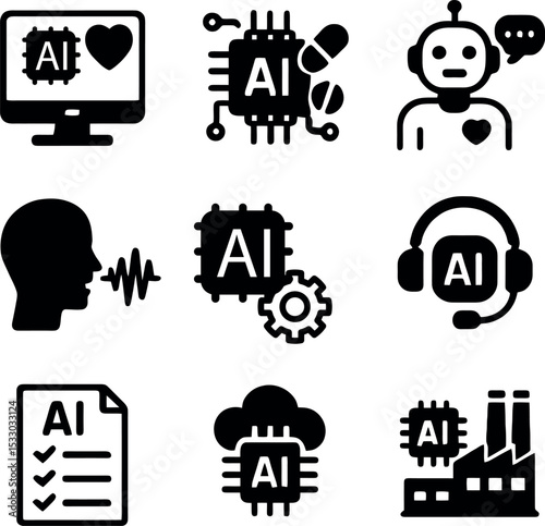 Icons illustrating healthcare monitoring, pharmaceutical AI, assistive robotics, voice technology, cloud data, and industrial automation.