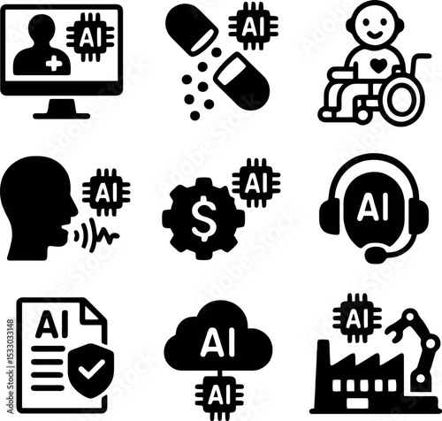 AI icons featuring telemedicine, automated finance, assistive tech for disabilities, voice recognition, cloud computing, and manufacturing robotics.