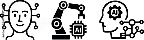 Simple AI icons depicting facial analytics, robotic automation, AI-driven documentation, and cognitive innovation.