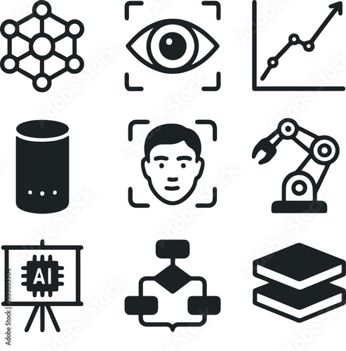 Black and white icons highlighting AI support, drone technology, smart agriculture, cybersecurity, visual recognition, and educational AI.