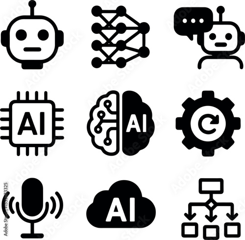 AI icons illustrating microchips, facial detection, robotic automation, voice AI, deep learning, decision algorithms, and layered data management.