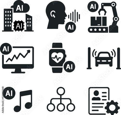 Clear AI icons set featuring neural networks, chatbots, cognitive robotics, cloud computing, voice assistants, and algorithm processes.