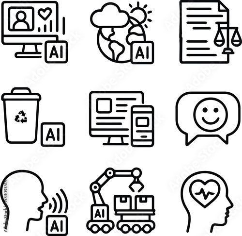 AI outline icons showing environmental analysis, legal AI, recycling automation, smart logistics, emotional intelligence, and healthcare.