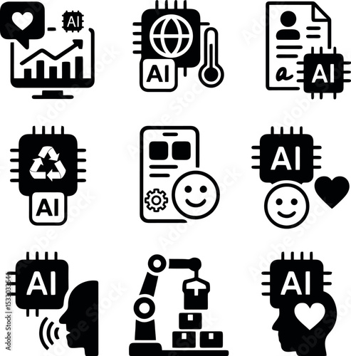 Black and white AI set covering environmental monitoring, AI-driven recycling, emotional intelligence, speech tech, industrial robotics, and AI healthcare.