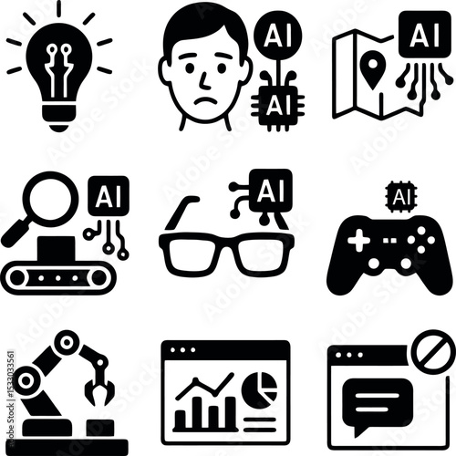 AI icons highlighting productivity solutions, smart navigation, robotics, gaming AI, emotional analytics, and web analytics tools.