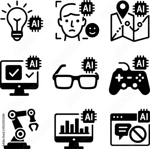 AI icon set illustrating emotional AI, smart mapping, gaming automation, robotic analytics, and productivity enhancement.