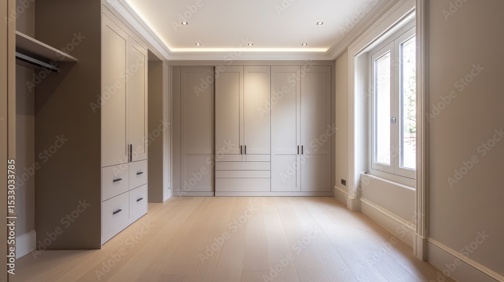 Fototapeta premium Modern minimalist empty room with light wooden flooring and built-in storage cabinets in a neutral color palette