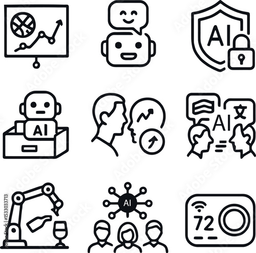 Outline AI icons illustrating chatbots, secure AI, multilingual AI, robotic assistance, facial recognition, smart climate control.