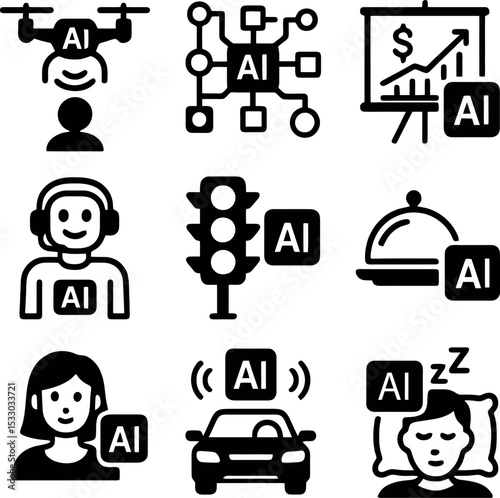 AI icon set depicting drone assistance, financial analytics, automated support, traffic management, hospitality AI, and sleep monitoring.