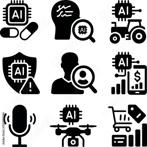 Black and white AI icons for healthcare analytics, agriculture automation, risk management, voice tech, drone surveillance, and smart retail.
