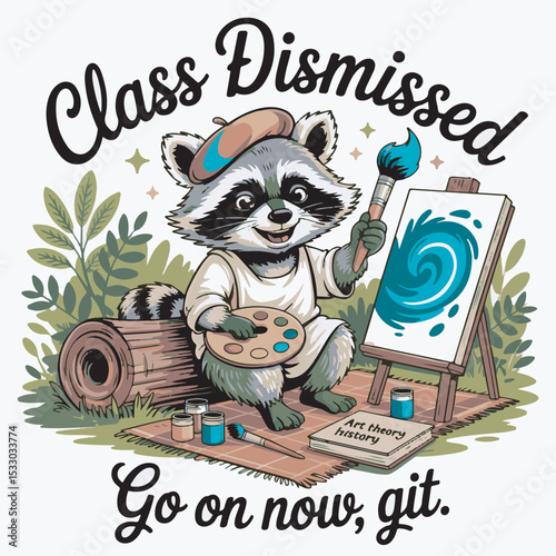 Raccoon Artist Class Dismissed Painting Teal Swirl