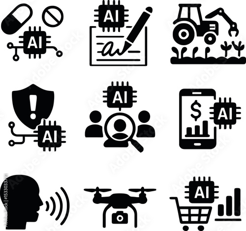 AI set including agricultural automation, medical AI, financial analysis, market prediction, voice recognition, drone surveillance, and smart retail.