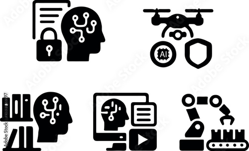 Icons depicting cybersecurity, drone security, educational AI, video content AI, robotic manufacturing, digital libraries, and smart collaboration.