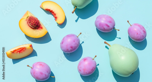 Colorful assortment of fruits including apples, bananas, and oranges on a vibrant blue background.