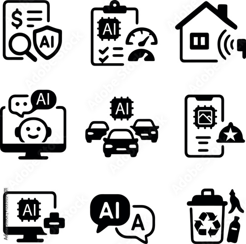Black and white icons showcasing AI finance, smart home security, automotive AI, customer support, automated recycling, multilingual AI, and performance monitoring.