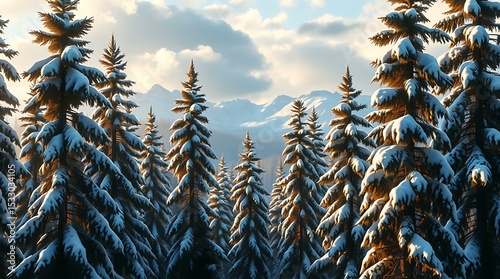 Snowy pine forest with distant mountain peaks
 photo