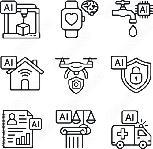 Outline AI icons for 3D printing, wearable tech, water management, drone security, smart homes, ethics, legal tech, healthcare automation.