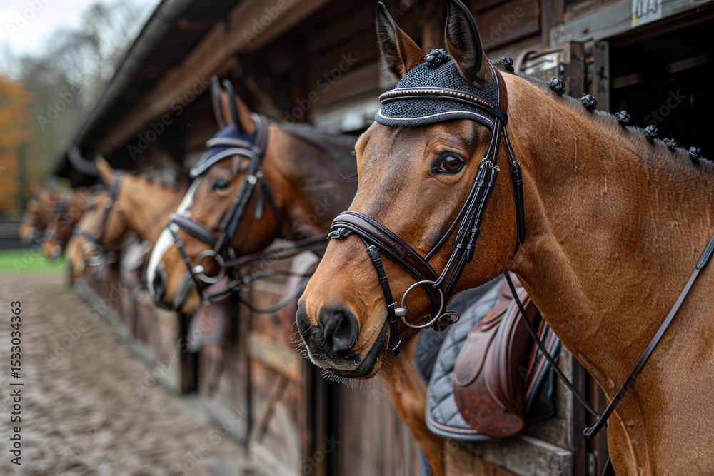 Fototapeta premium Horses lined up in stables ready for training on a crisp autumn day in a tranquil countryside setting