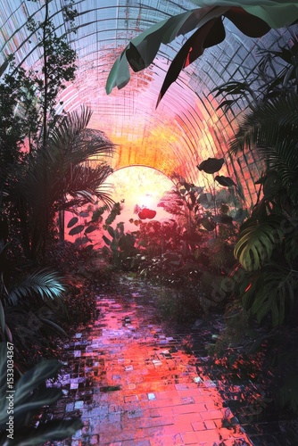 Tropical plants and sunset seen through glass roof with colorful light reflection.