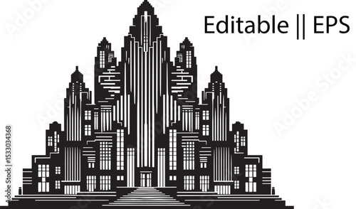Vintage Art Deco Skyscrapers Vector – Black Silhouette with Tiered Rooftops & Symmetry