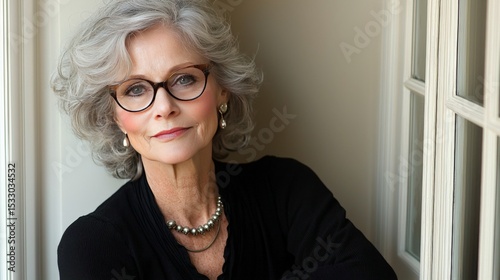 Elegant senior woman with gray hair and glasses looking confidently at the camera photo