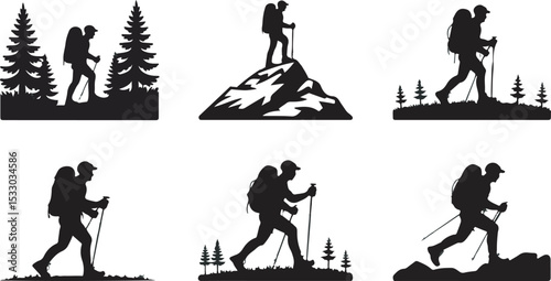 Six Black Silhouettes Hikers Backpacks Mountains Trees 2