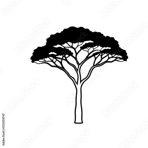 Black and White Acacia Tree Savanna African Line Drawing