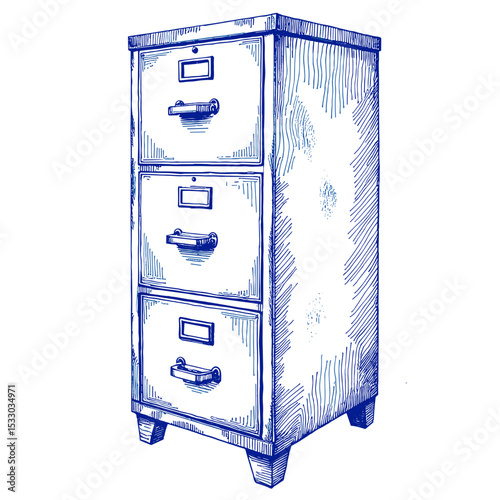 Vintage filing cabinet sketch in blue ink on a white background  