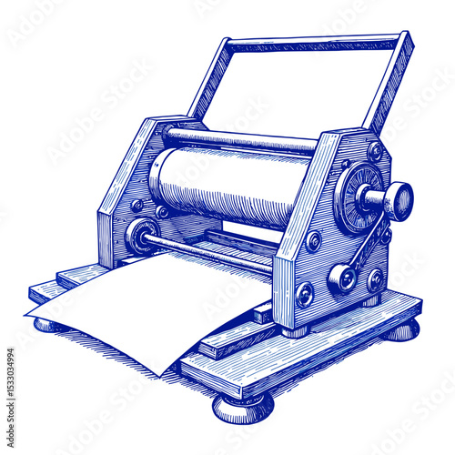 Vintage printing press illustration made in blue ink sketch style  