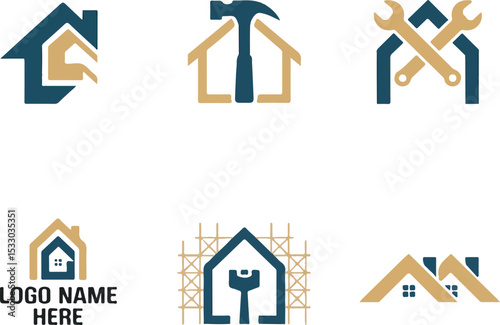 Six House Logo Designs Gold Blue Home Repair Construction