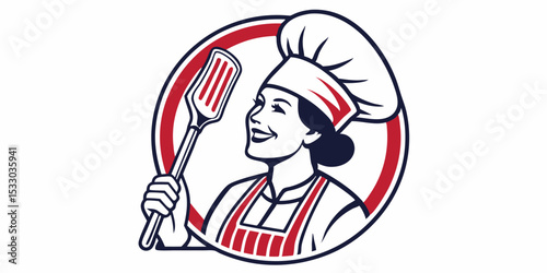Happy Female Chef Holding Spatula Culinary Logo Design perfect for Restaurants Branding and Food Businesses