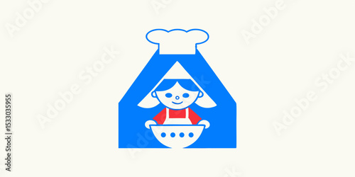Charming Chef Girl Cooking in a Blue House Logo Design Perfect for Bakery Branding and Culinary Businesses