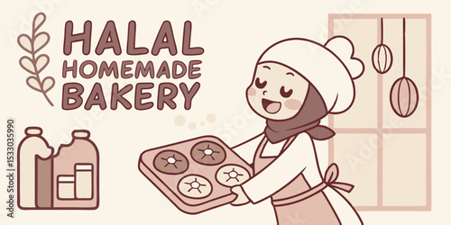 Delightful Halal Homemade Bakery Logo featuring a cheerful baker girl presenting freshly baked goods perfect for branding and website design