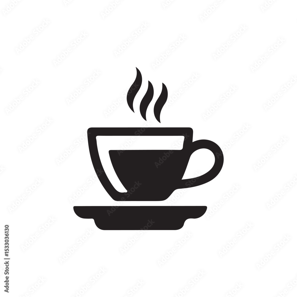 Simple black and white coffee cup icon.A simple, stylized black and white graphic of a coffee cup and saucer, with steam rising from the cup. Simple black and white coffee cup icon.A simple, stylized black and white graphic of a coffee cup and saucer, with steam rising from the cup.